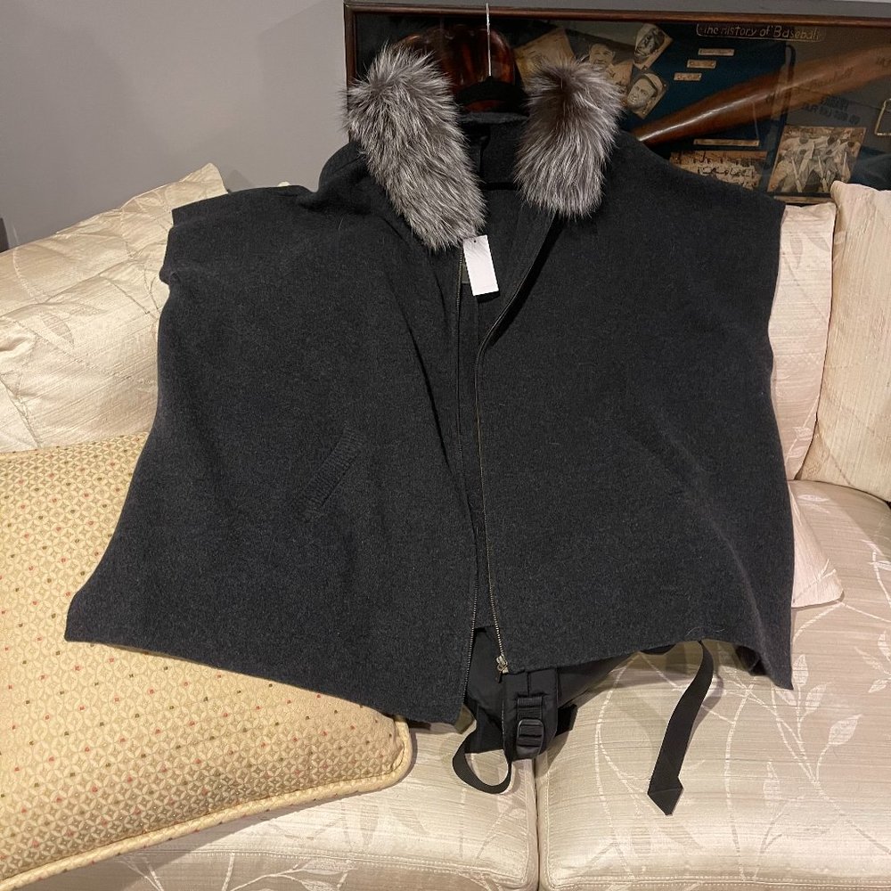 Magaschoni Cashmere Vest/Poncho with Silver Fox trimmed hood One Size Fits all
